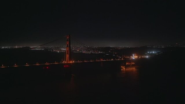 Aerial night view of the Golden Gate bridge in San Francisco, USA.
