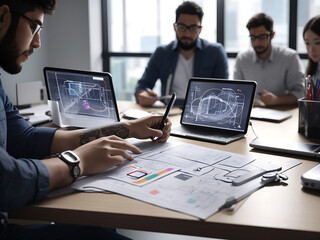 Fototapeta premium Close up ux developer and ui designer use augmented reality brainstorming about mobile app interface wireframe design on desk at modern office.Creative digital development agency design.