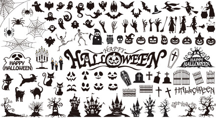 Set of Halloween silhouettes black icon and character. Vector illustration. Isolated on white background.