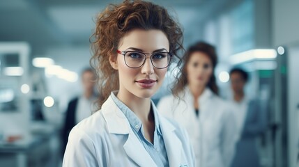 beauty young woman scientist wearing a white coat and blurred labratory in background ai generative