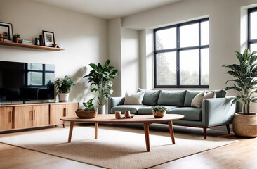 Interior of living room with green houseplants. Sofas, wooden coffee table, furniture. Scandinavian nordic minimalist style. Neutral Gray walls, big panoramic windows. Cozy apartment. Boho home decor
