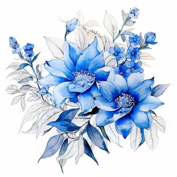 pencil sketch watercolor blue flower plants image Generative AI