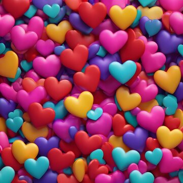 Valentine's Day Concept Multicolored Heart background. Valentine Wallpaper with Pink, Red Glass and Red Metallic love hearts. 3D Render 