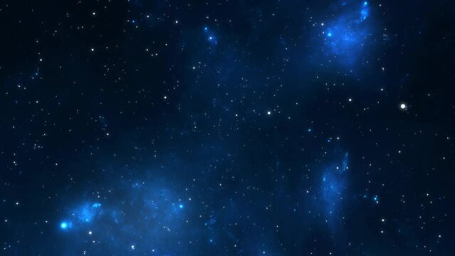 Space travel through dark blue constellations and galaxies. Astronomical journey deep into the universe. Abstract cosmic background. High quality 4k footage