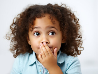 Close-up portrait of a little African American frightened girl covering her mouth with her hands. Childs emotions, fear, surprise. Child looking at the camera