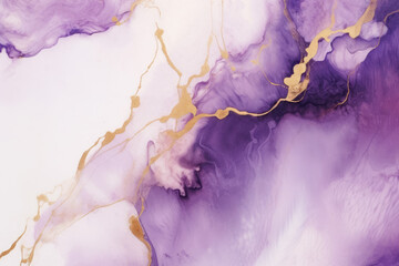 Abstract purple liquid watercolor background with golden lines. Pastel marble alcohol ink drawing .Generative AI.