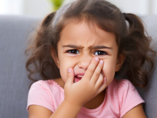 Portrait of Small girl crying with her eyes shut, hands on her face. An upset child is in tears, covering his face with his hands in horror. Upset kid Crying with Eyes Closed