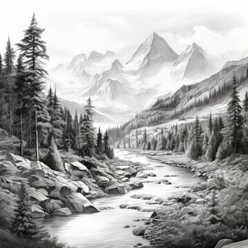 Pencil sketch very nice mountains rivers images Generative AI