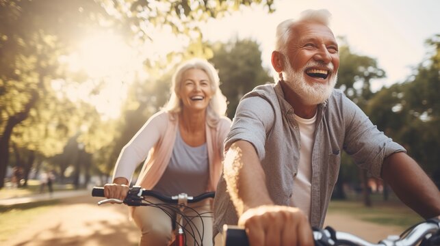 Cheerful_active_senior_couple_with_bicycle_in_public  ai generative images