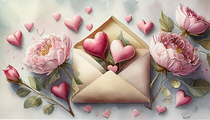 valentine s day background pink flowers envelope hearts on white background valentines day concept flat lay top view copy space