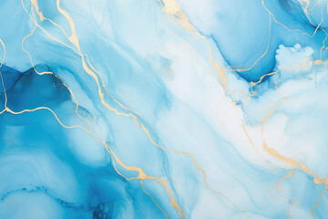 Abstract blue liquid watercolor background with golden lines. Pastel marble alcohol ink drawing .Generative AI.