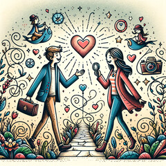 Whimsical Valentine's Day illustration featuring two lovers united by a magical heart, surrounded by symbolic imagery.