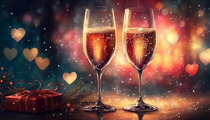 two champagne glasses on sparkling red bokeh background valentine s day dinner invitation christmas and new year holiday party