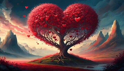 tree of love red heart shaped tree landscape valentine s day background - obrazy, fototapety, plakaty