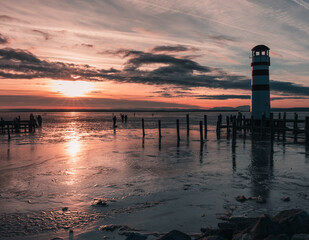 sunset mood on a frozen lake