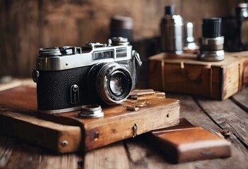 a camera with a leather strap sitting on top of a wooden box - obrazy, fototapety, plakaty