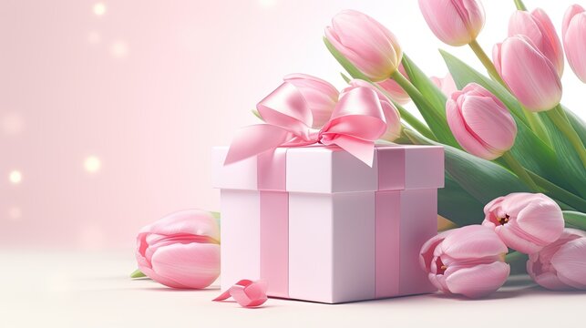 A combination of pink tulips and a gift box.
