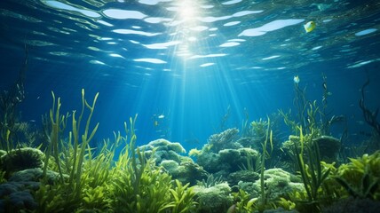 Fototapeta na wymiar An underwater forest of swaying seagrass, home to a variety of marine life, bathed in the gentle glow of sunlight filtering through the water -Generative Ai