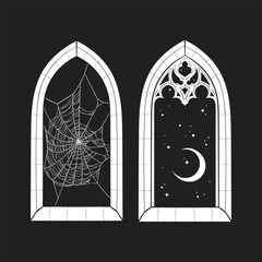 Gothic windows with cobweb and night sky with crescent moon hand drawn line art gothic tattoo design isolated vector illustration