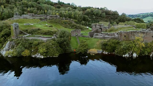Urquhart Castle ruins at Loch Ness Scotland Aerial view