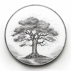 Pencil sketch round frame nice natural magical tree image Generative AI