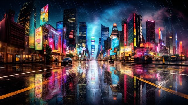 An urban panorama during a summer storm, with rain-soaked streets reflecting the vibrant colors of neon signs and city lights-Generative Ai