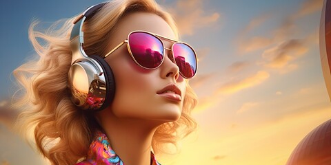 A beautiful girl wearing headphones, immersed in music, and enjoying the beach at sunset.