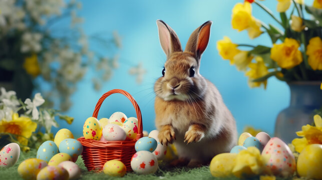 A cute Easter bunny in a wicker basket Painted eggs spring flowers, Generative AI