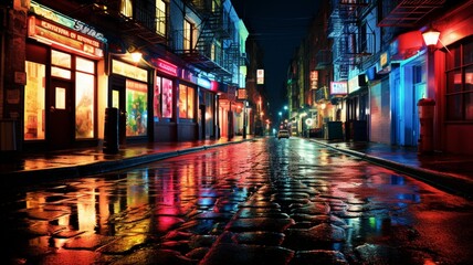 An urban panorama during a summer storm, with rain-soaked streets reflecting the vibrant colors of neon signs and city lights-Generative Ai