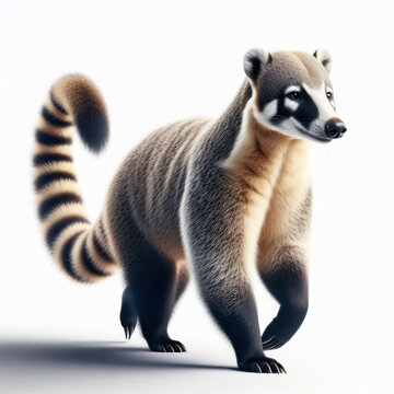 Coati, nasua, pizote, anton, tejon mexicano, Coatimundi, Hog-nosed Coon, White-nosed Coati, isolated White background.