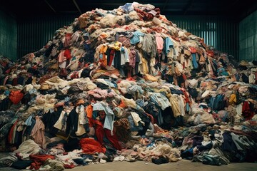 Pile of used clothes, second hand for recycling. The concept of overproduction, sustainable lifestyle, fashion and shopping habits