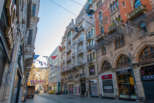 Neo Classical style commercial buildings on Istiklal Caddesi Avenue in the morning in Beyoglu district, Istanbul, Turkey. 