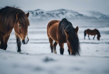 two brown horses are walking across the snow covered landscape of a hilly landscape