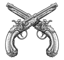 Crossed flintlock pistols, sketch. Two guns, firearms. Hand drawn vintage vector illustration