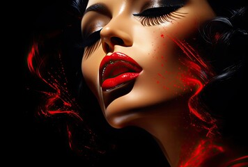 A close-up portrait highlighting a woman adorned with red lipstick on her lips, accentuating the beauty of women and cosmetics. - obrazy, fototapety, plakaty