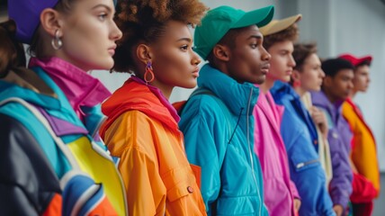 Fototapeta premium Diverse Retro fashion enthusiast group of people in a 90s and 200s inspired style. Diversity trend