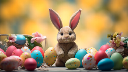Fototapeta na wymiar easter bunny rabbit sitting in the eggs, Generative AI