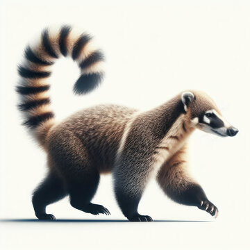 Coati, nasua, pizote, anton, tejon mexicano, Coatimundi, Hog-nosed Coon, White-nosed Coati, isolated White background.