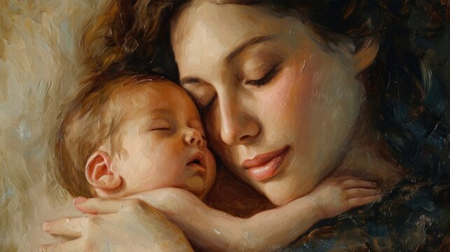 Picture drawn, close up portrait of a beautiful young girl sleeping in bed with her newborn baby, Mother's Day lifestyle concept