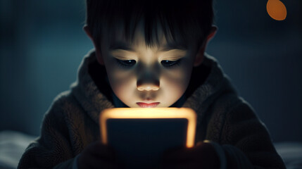 Kid playing of tablet mobile device. Light from tablet shining on their face. Addiction to mobile devices.