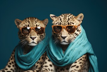 Two fashion models donning stylish, trendy sunglasses with a leopard motif, embodying a cute and anthropomorphic aesthetic.