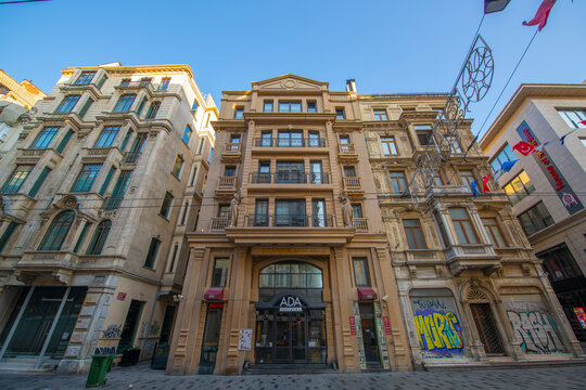 Neo Classical style commercial buildings on Istiklal Caddesi Avenue in the morning in Beyoglu district, Istanbul, Turkey. 
