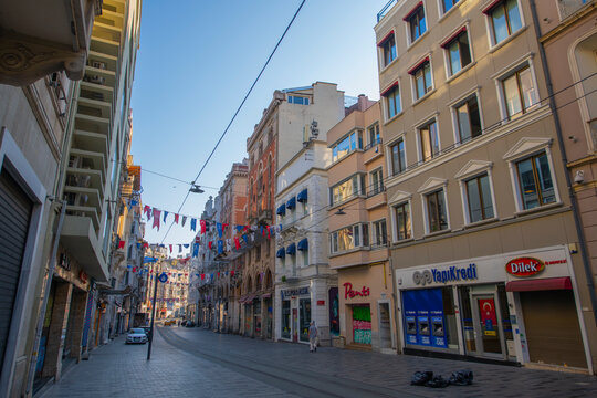 Neo Classical style commercial buildings on Istiklal Caddesi Avenue in the morning in Beyoglu district, Istanbul, Turkey. 