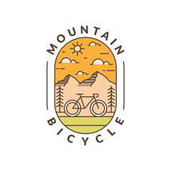Mountain and bicycle monoline or line art style vector illustration