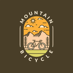 Mountain and bicycle monoline or line art style vector illustration
