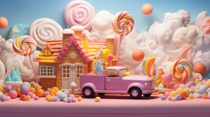 Fototapeta premium Colorful pastel candy landscape. pink castle or palace in the land of sweets and car. road among sweets and lollipops