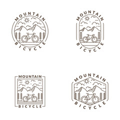 Mountain and bicycle monoline or line art style vector illustration