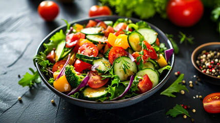 Green vegan salad from green leaves mix and vegetables. Top view on black. High quality photo