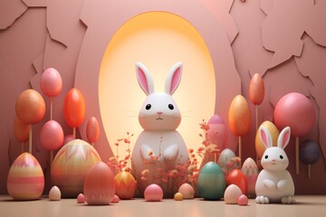 Obraz premium Easter cute scene. Easter sales podium background with bunny, easter eggs and flowers, rainbow and chickens.