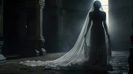 Female ghost silhouette. Beautiful scary horror scene. Mystery dead bride in wedding dress inside ancient gothic castle. Creepy woman shadow. Pretty girl spirit walk indoor. Mysterious person story.